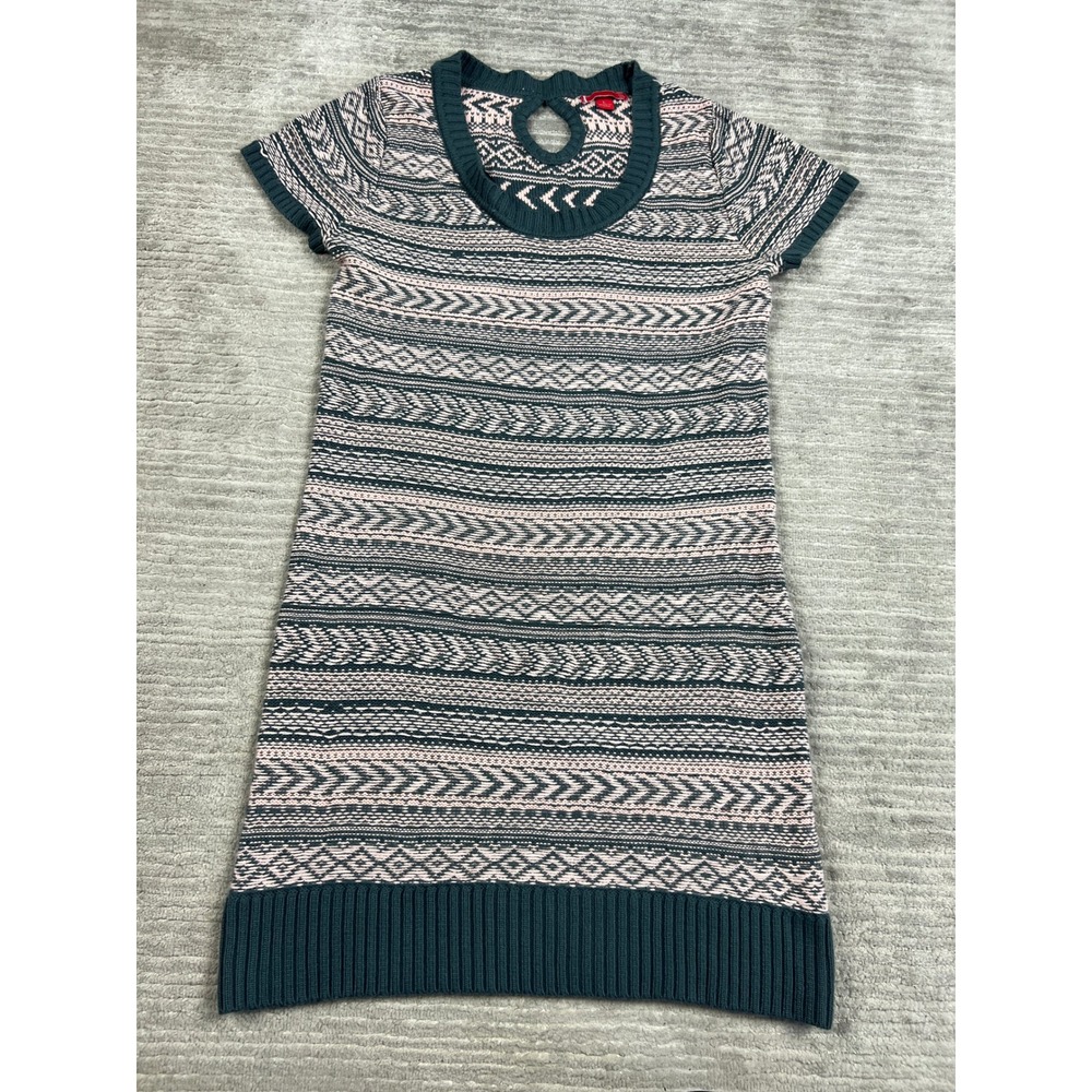 Liv Sweater Dress Womens Large Teal Pink Fair Isle Short Sleeve Keyhole Knit